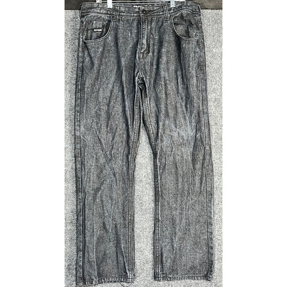 VTG Enyce Denim‎ Jeans Embroidered Straight Leg Y2K Black Acid Wash Mens 38x32 - Picture 1 of 11